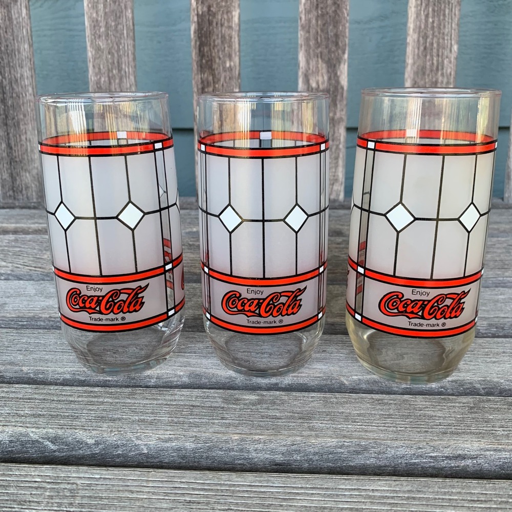 VTG Coca-Cola‎ Drinking Glasses 6" Frosted Stained Glass Tiffany Style Set of 3